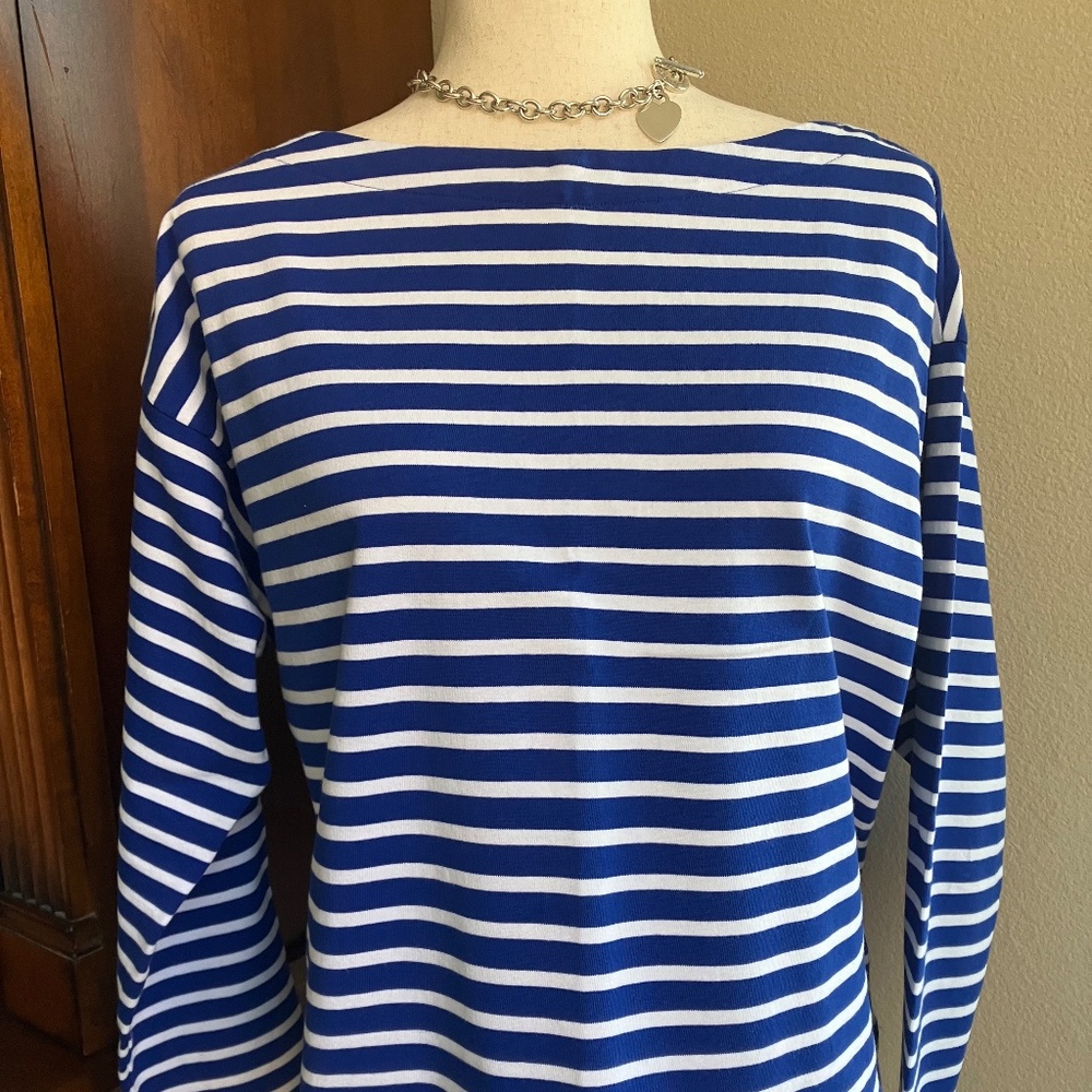 Ralph Lauren Royal Blue and White Cropped Striped Mariner T  size Large